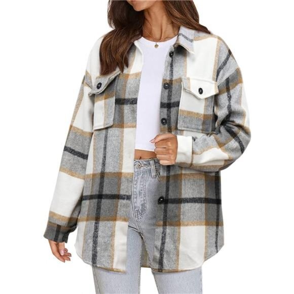 Tops - Women's Flannel Plaid Shacket Long Sleeve Button Down Shirts Jacket Coats‎